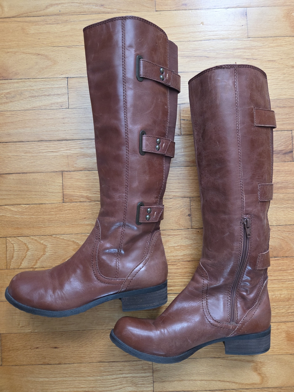 BCBG Tall Cognac Brown Leather Over-the-Knee Boots with Strap Accents Size 8.5